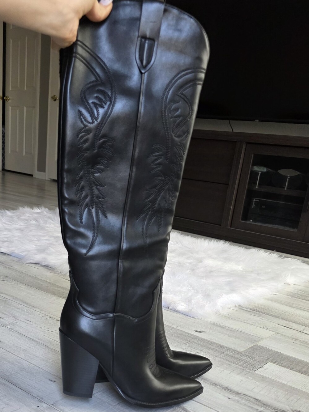 Tall Black Western-Style Block Heel Boots